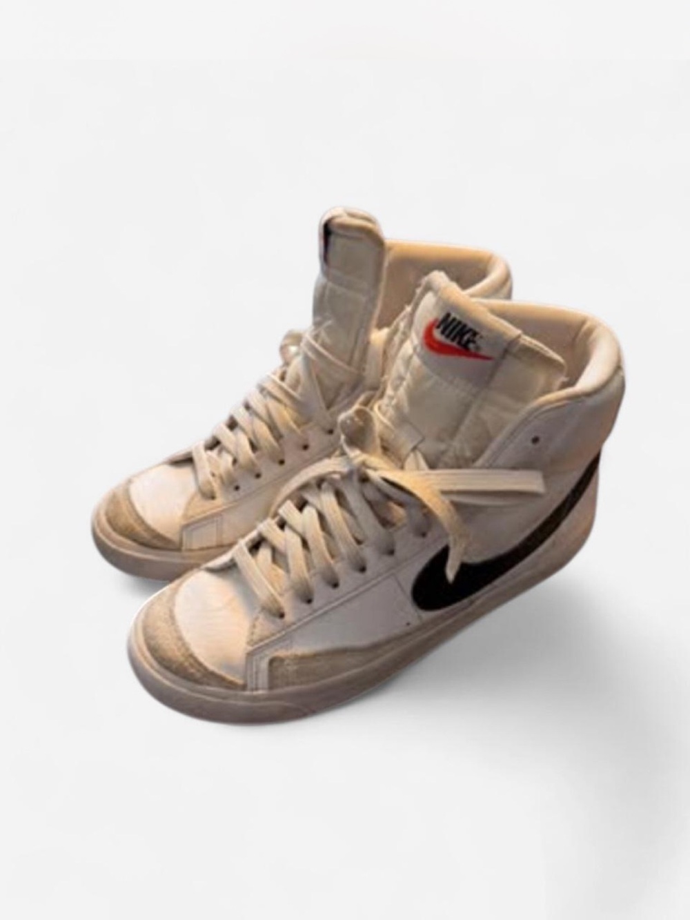 Nike White High-Top Sneakers with Black Swoosh and Red Tongue Logo